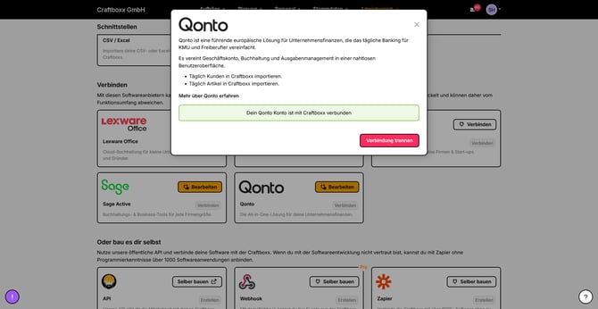 Adminbereich_Schnittstellen_Qonto verbunden