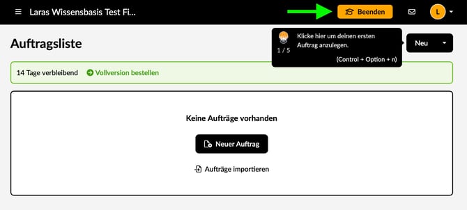 Tutorial beenden Test