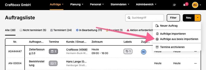 Aufträge_Auftragsliste_aus Bexio importieren