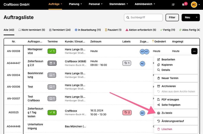 Aufträge_Auftragsliste_zu bexio