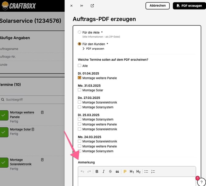 Auftrags-PDF erzeugen_Anmerkungsfeld