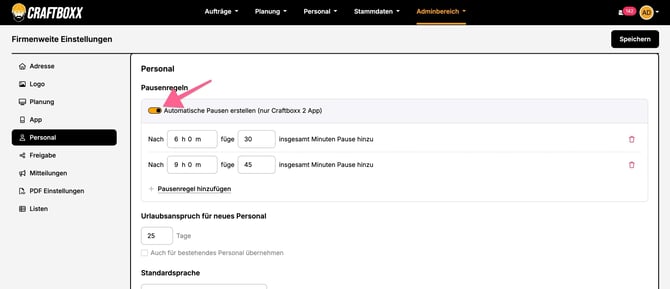 Adminbereich_Firmenweite Einstellungen_Personal_Pause