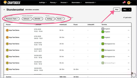 Zeitkonto_Stundenzettel_Aktivitäten filtern und auswerten