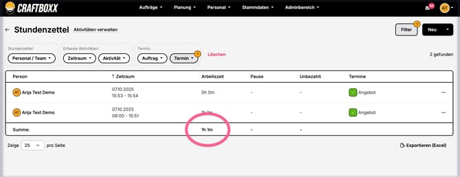 Zeitkonto_Stundenzettel_Aktivitäten auswerten_Summe