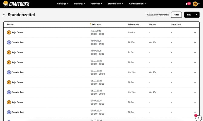 Personal_Zeitkonto_Tägliche Stundenzettel -Übersicht