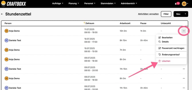 Zeitkonto_Tägliche Stundenzettel_Löschen