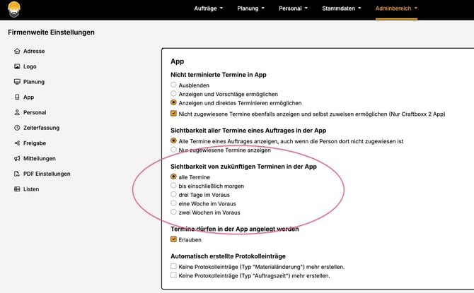 Adminbereich_Firmenweite Einstellungen_App