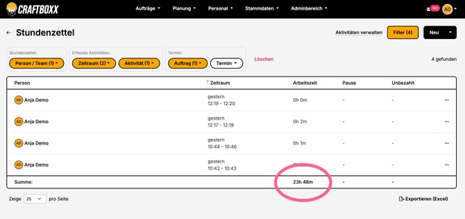Zeitkonto_Stundenzettel_Aktivitäten auswerten_Summe